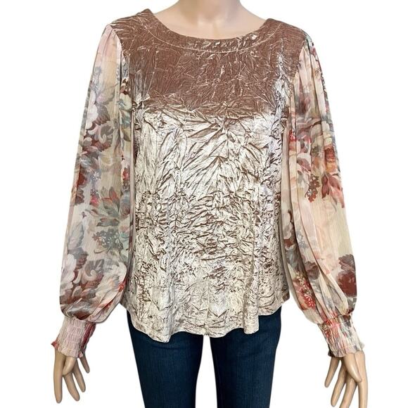 Meadow Rue Tops - Anthropologie Meadow Rue Crushed Velvet Blouse Small Floral Balloon Sleeve Pink